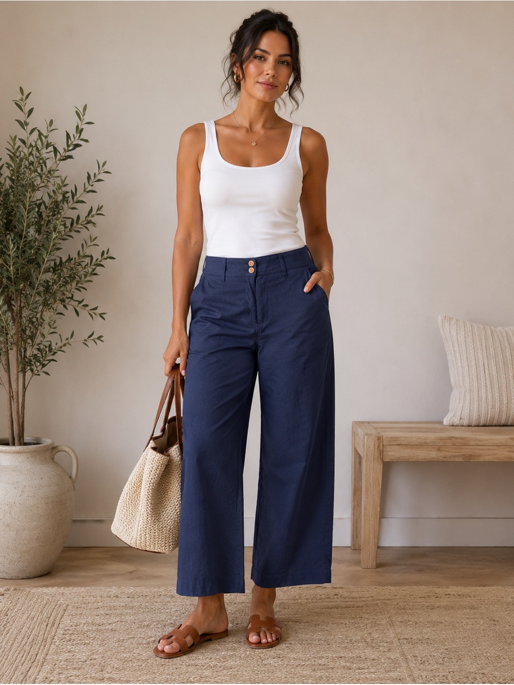 ✨J.Jill Linen Stretch Cropped Wide Leg  Pants Navy Blue Size M Casual Resort